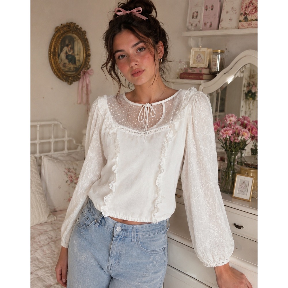 Marc New York Andrew Marc White Eyelet Puff Sleeve Ruffle Mesh Top Small Cottage